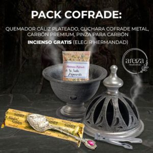 Pack Cofrade – Quemador Cáliz plateado + Cuchara Cofrade + Carbón Premium + Pinza para Carbón y INCIENSO GRATIS